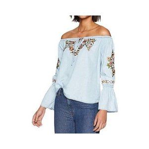Cupcakes & Cashmere Womens Adrien Off Shoulder Top Chambray Flowers xs